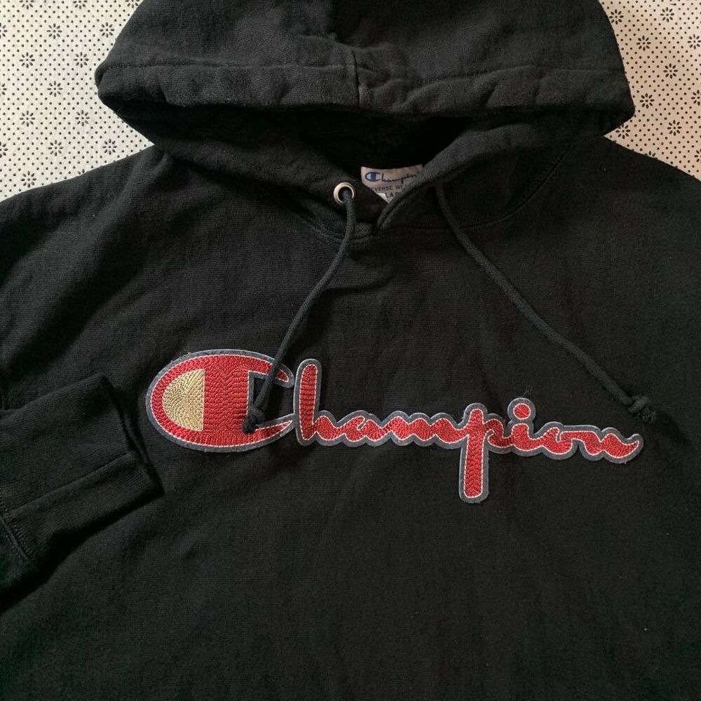 VTG Champion Reverse Weave Black Hoodie Sweatshirt XL Script Logo Embroidered
